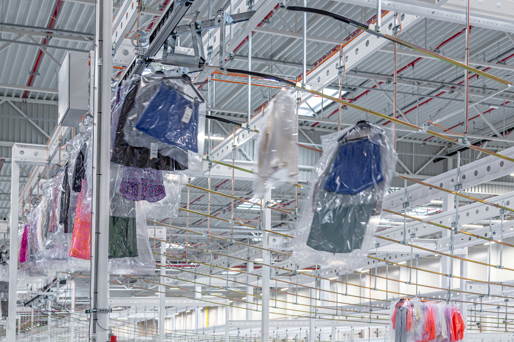 The garment conveyors work hand in hand with automated switches.
